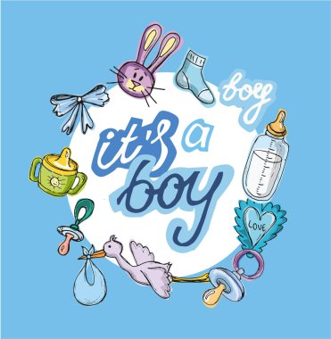Bebek duş tasarım vektör çizim, elle çizilmiş bebek kümesi kümesi. Bebek d. kartı. Bu ' bir çocuk! Bir kız