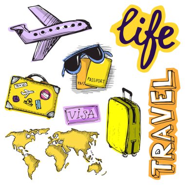 Elle çizilmiş vektör seyahat set. Vektör çizim. Seyahat gidelim