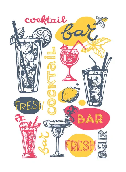 Cocktail set. Element för den grafiska formgivningen av menyn barer, restauranger, inbjudningar, meddelanden. Handritad skiss uppsättning alkoholhaltiga drinkar. Vintage vektorillustration — Stock vektor