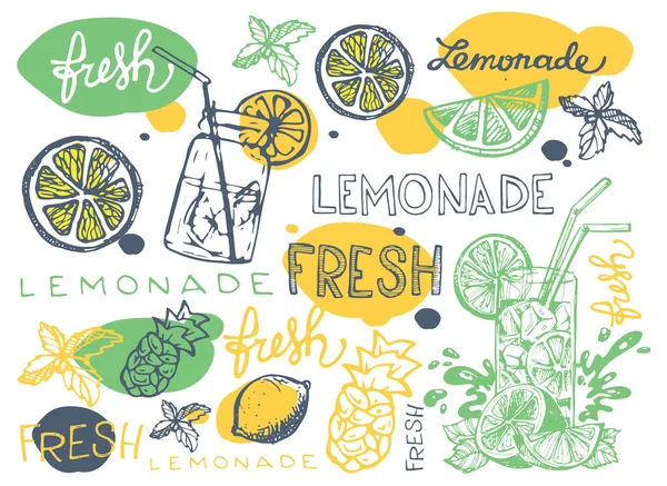 Ilustração doodle verão desenhado à mão com limonada. Bebida de verão — Vetor de Stock