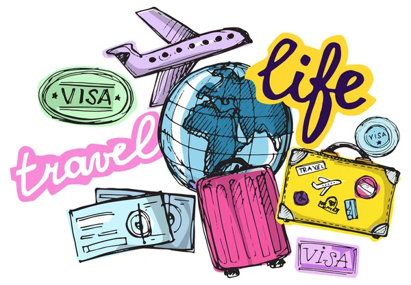 Elle çizilmiş vektör seyahat set. Vektör çizim. Seyahat gidelim