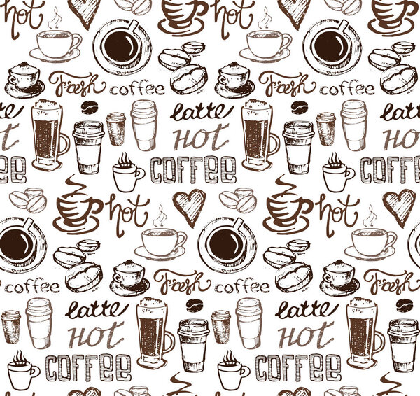 Hand drawn coffee set. Latte with pumpkin vector illustration.