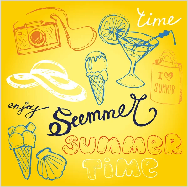 Hand getrokken doodle vector zomer banner. Zomer sjabloon banner. Hallo, zomer! Vectorillustratie. — Stockvector