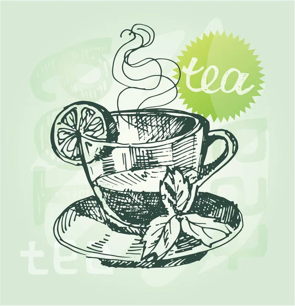 Ilustración de té de garabato dibujado a mano. Limón y menta — Vector de stock