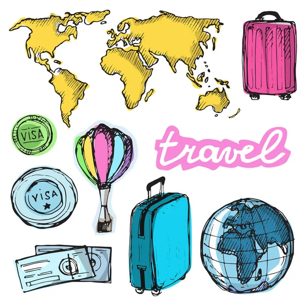 Elle çizilmiş vektör seyahat set. Vektör çizim. Seyahat gidelim