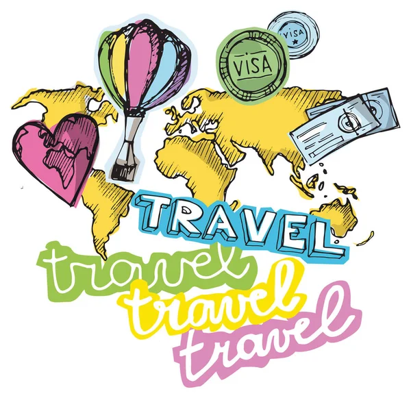 Hand getrokken vector reisset. Vectorillustratie. Let's go travel — Stockvector