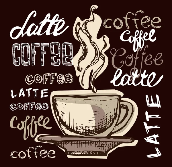 El çekilmiş kahve seti. Sütlü kabak vektör çizim.