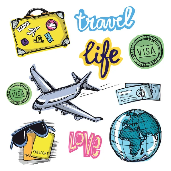 Elle çizilmiş vektör seyahat set. Vektör çizim. Seyahat gidelim