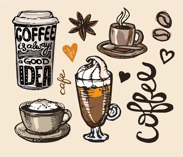 Raccolta di caffè - illustrazione disegnata a mano. Set da caffè disegnato a mano. Dolce dessert — Vettoriale Stock