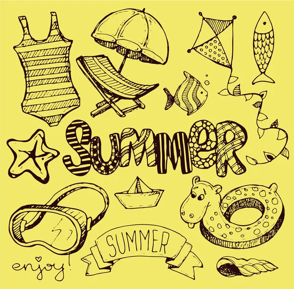 Banner de verano de doodle vector dibujado a mano. Banner de plantilla de verano. ¡Hola, verano! Ilustración vectorial . — Vector de stock
