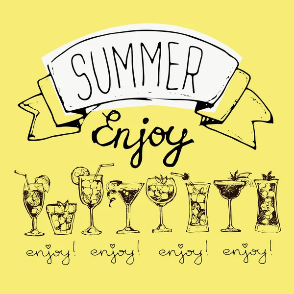 Ilustración vectorial de verano con diferentes cócteles . — Vector de stock