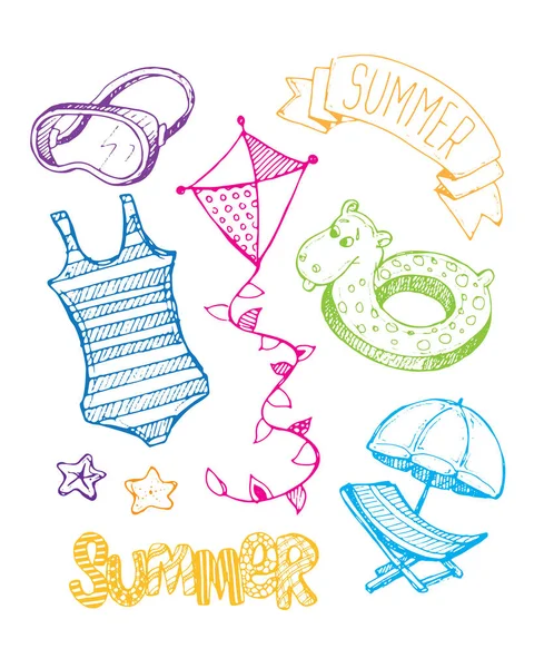 Ručně tažené doodle vektor letní nápis. Letní proužkové šablony. Ahoj léto! Vektorové ilustrace. — Stockový vektor