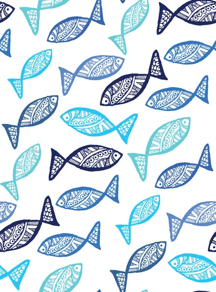 Rustic decorative lace fish seamless pattern. Underwater.. Hand drawn vintage vector design set. Vector illustration — Stock Vector