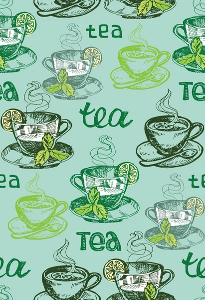 Elle çizilmiş doodle desen çay ile — Stok Vektör