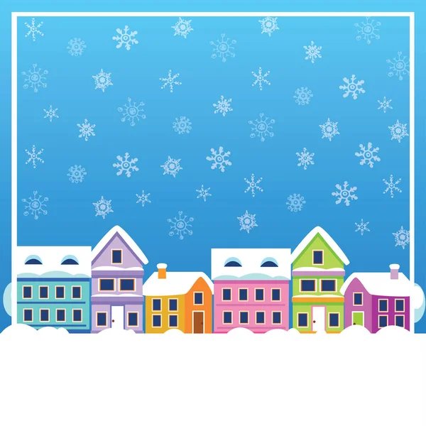 Paisaje de bosque de invierno con casas y árbol de Navidad. Ilustración vectorial — Vector de stock