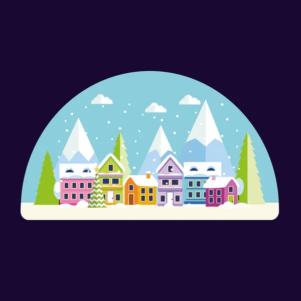 Paisaje forestal invernal con casas y árboles de Navidad y montañas. Ilustración vectorial — Vector de stock