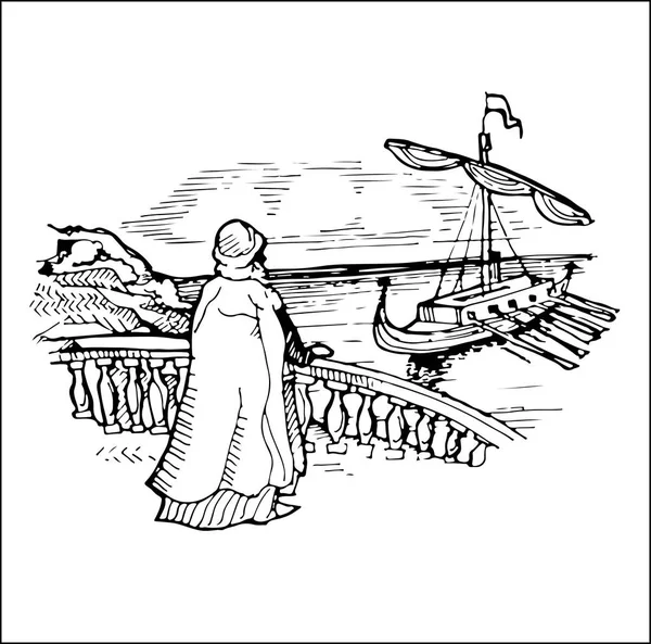 Handgezeichnete Illustration. Schwarz-weiße Skizze eines Segelschiffs. Vektorillustration. — Stockvektor