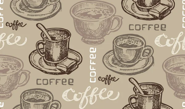Hand dras doodle mönster med kopp kaffe — Stock vektor