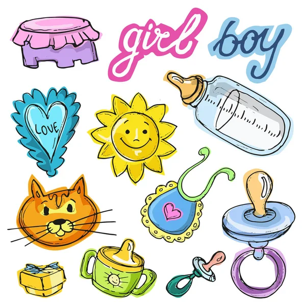 Bebek duş tasarım vektör çizim, elle çizilmiş bebek kümesi kümesi. Bebek d. kartı. Bu ' bir çocuk! Bir kız