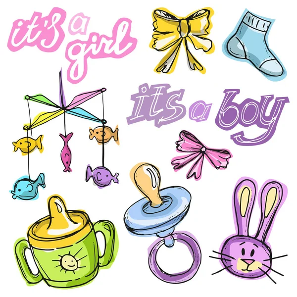 赤ちゃんシャワー デザイン ベクトル図、手描きベビー セットのセットです。赤ちゃん生まれたカードです。それ ' 少年!それは、女の子 — ストックベクタ