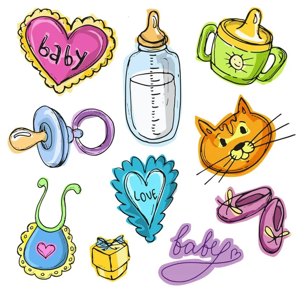 Set of baby shower design vector illustration, hand drawn baby set. Baby born card. It' a boy!  It's a girl — Stockvector