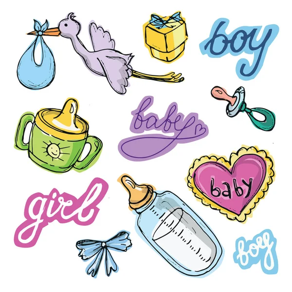 Conjunto de desenho de chuveiro de bebê ilustração vetorial, conjunto de bebê desenhado à mão. Cartão de bebé. É um rapaz! É uma rapariga. —  Vetores de Stock
