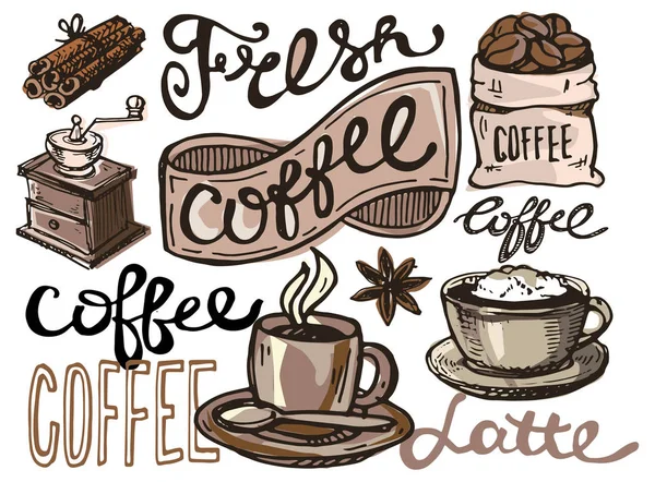 Colección de café ilustración dibujada a mano. Set de café dibujado a mano. Postre dulce — Vector de stock