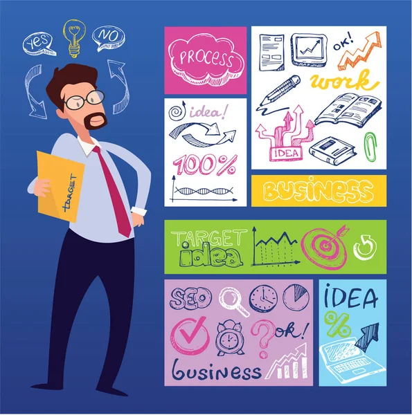 Personaje de dibujos animados Manager. Concepto de trabajo en equipo que analiza el proyecto de reunión de negocios. Éxito, idea, crecimiento, negocios internacionales e ilustración de vectores de estrategia . — Vector de stock