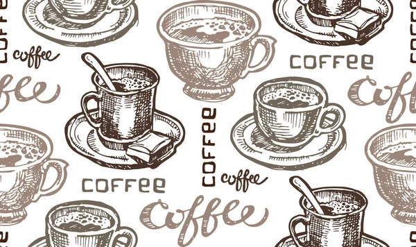 Patrón garabato dibujado a mano con taza de café — Vector de stock