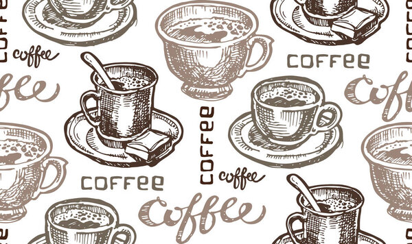 Hand drawn doodle pattern with cup of coffee