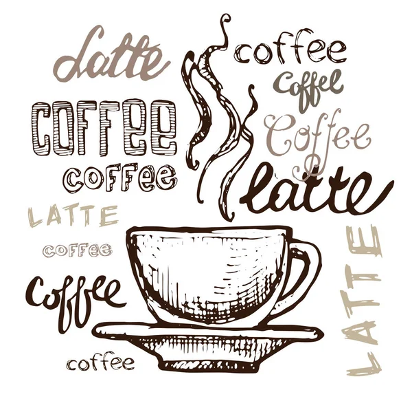 Set da caffè disegnato a mano. Latte con illustrazione vettoriale zucca . — Vettoriale Stock