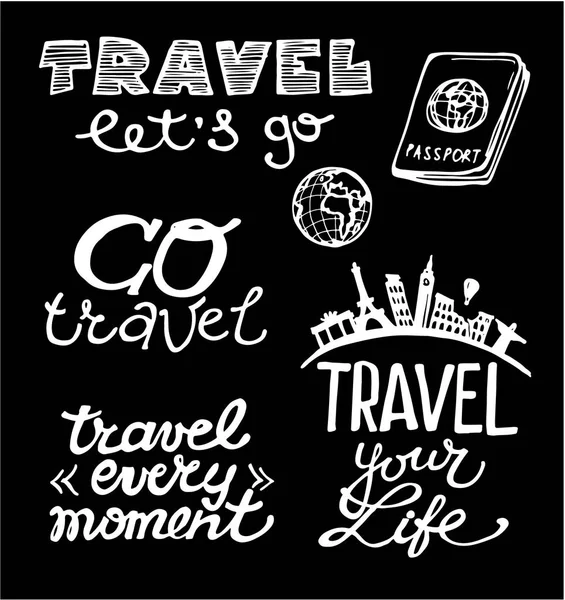 Hand getrokken vector reisset. Vectorillustratie. Let's go travel — Stockvector