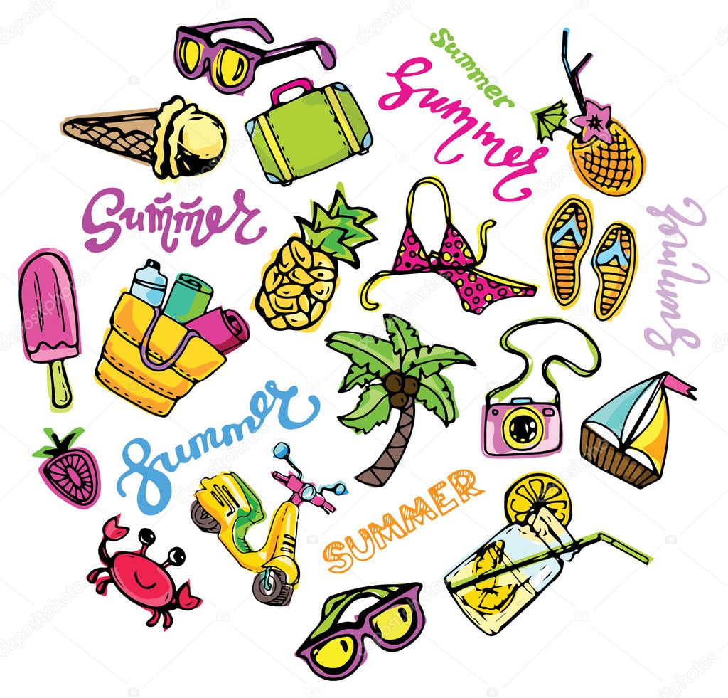 Hand drawn summer vector set. Hand drawn doodle vector summer banner. Summer template banner. Hello, summer! Vector illustration.