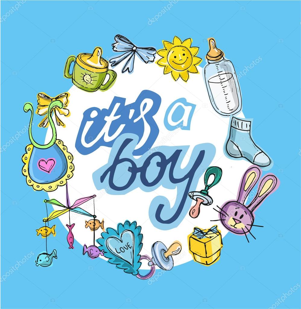 Set of baby shower design vector illustration, hand drawn baby set. Baby born card. It' a boy!  It's a girl