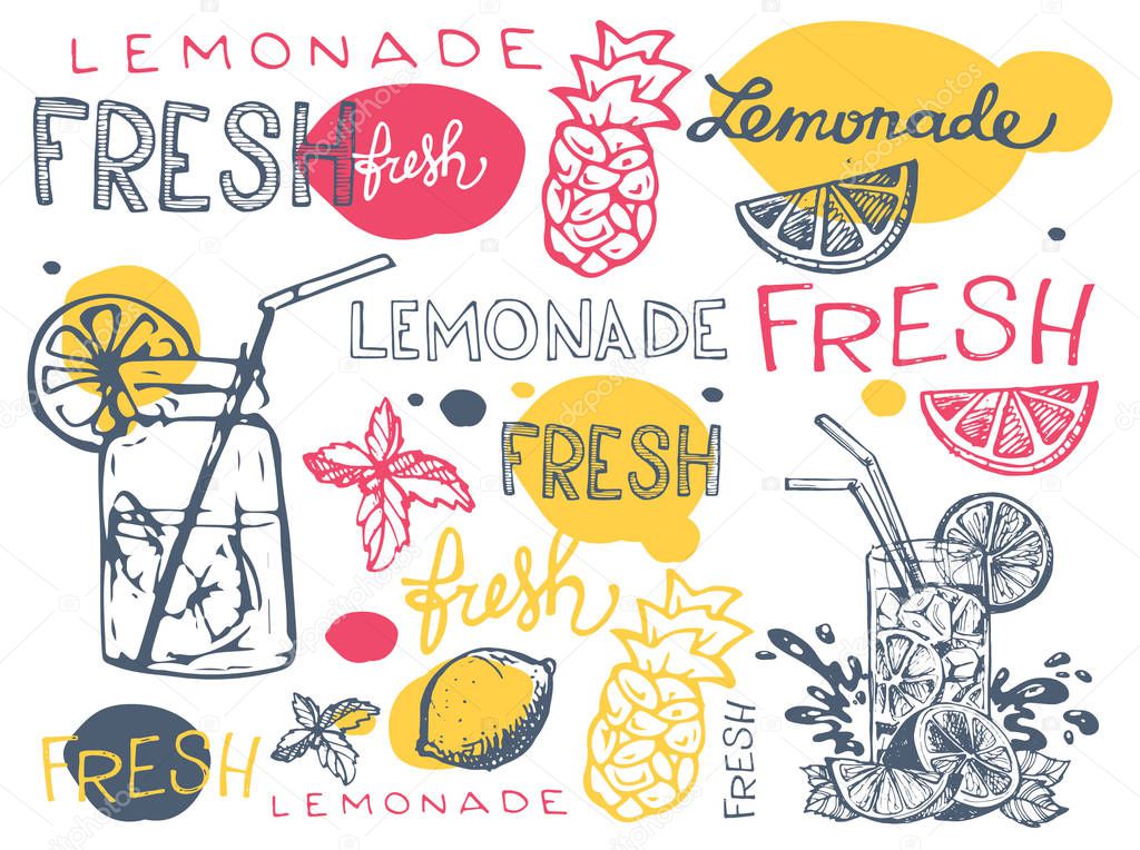 Hand drawn doodle summer illustration with lemonade. Summer drink