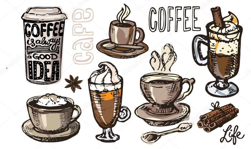 coffee collection - hand drawn illustration. Hand drawn coffee set. Sweet dessert 