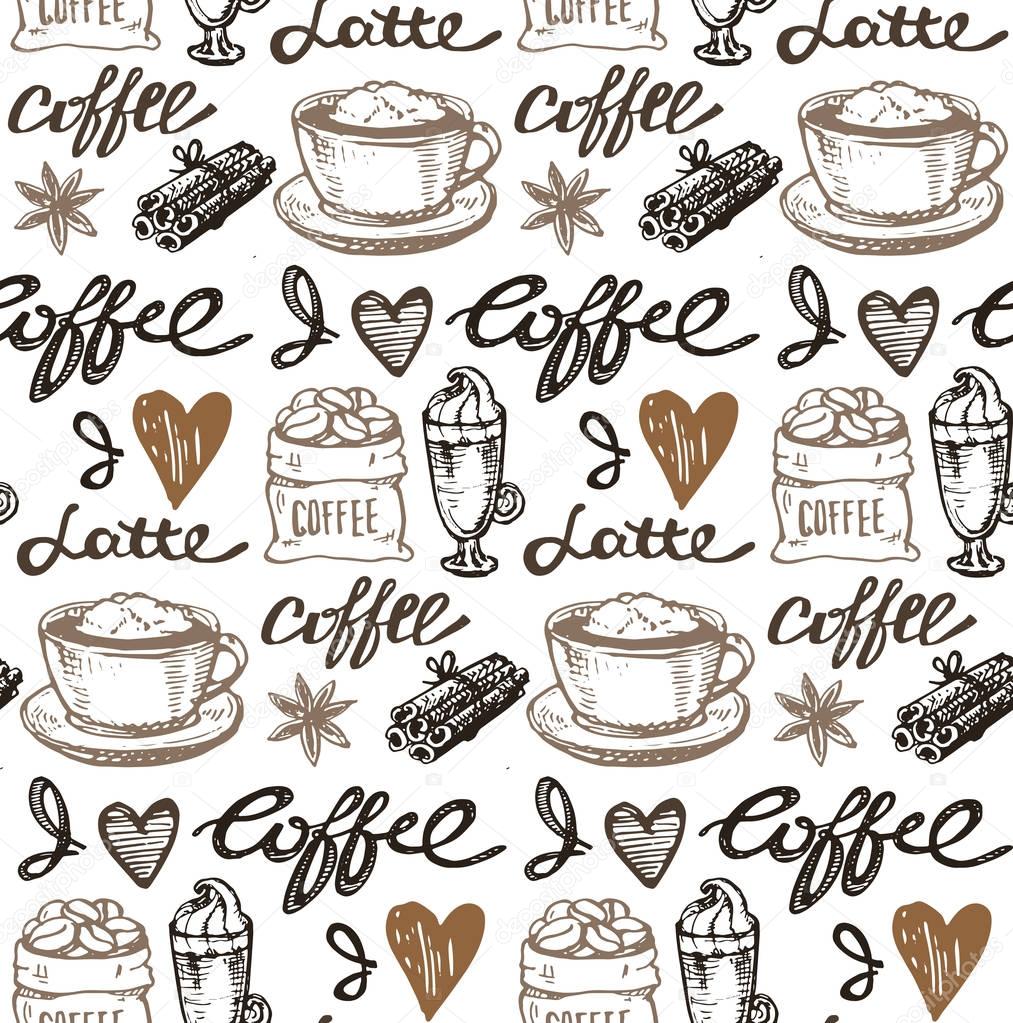 Hand drawn coffee set. Vector illustration.