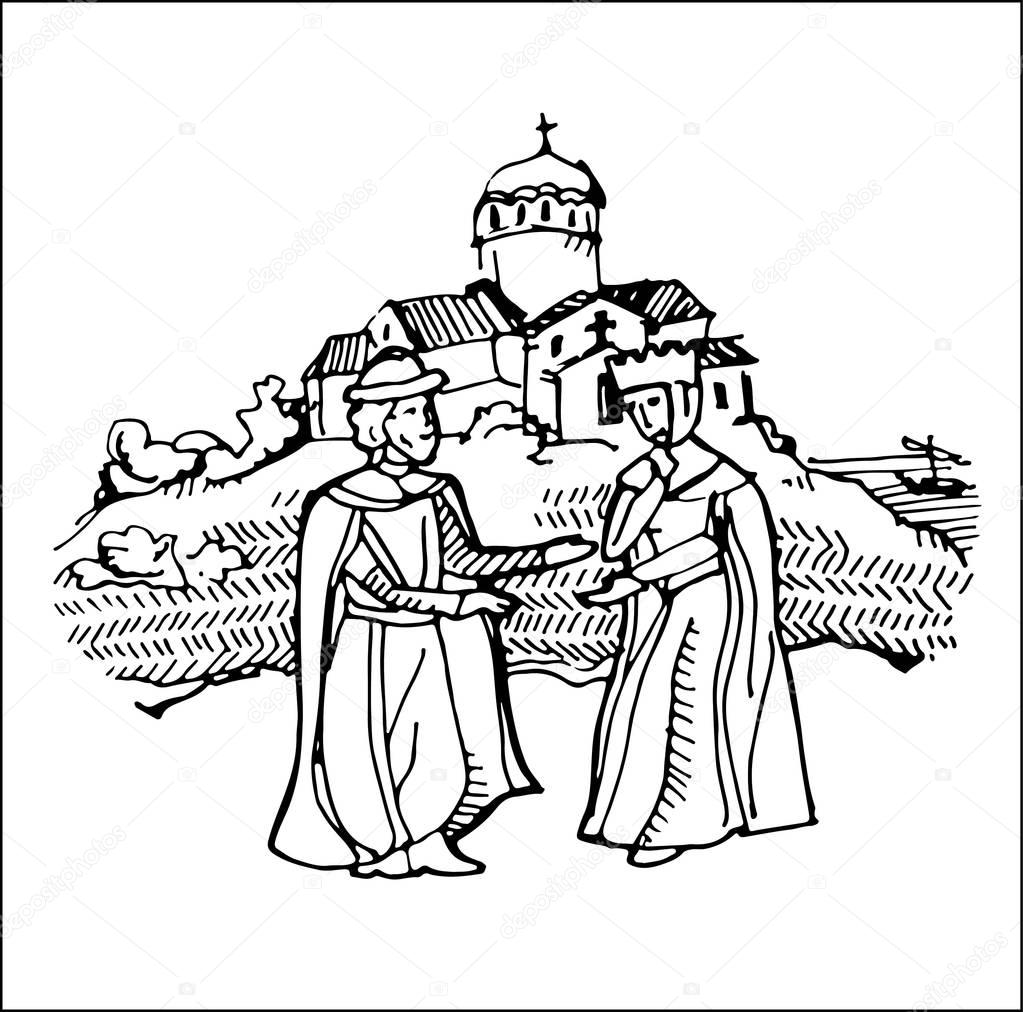 Hand drawn illustration. Duke and Duchess meeting. Kievan Rus. Historical event. Vector illustration.