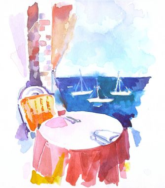 Suluboya el çizilen illüstrasyon - Restoran deniz kenarında