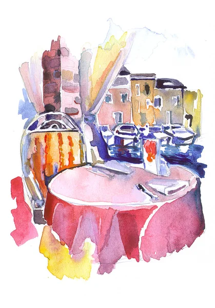 Aquarell handgezeichnete Illustration - Restaurant am Meer — Stockfoto