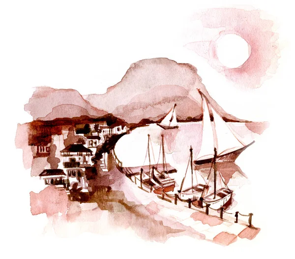 The boat on the waves near the shore. Yacht illustration. Beach view. Black and white landscape. Watercolor illustration