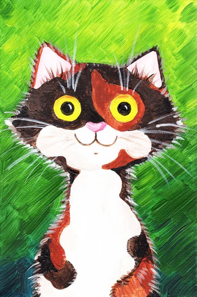 Opera d'arte dipinta. Immagini dipinte a mano del gatto a colori isolato su uno sfondo verde. Gatto meraviglioso — Foto Stock