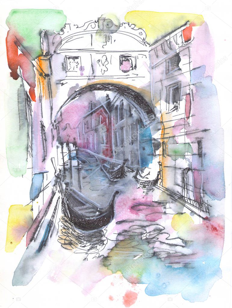 Watercolor venice bridge of sights. Hand drawn illustration.
