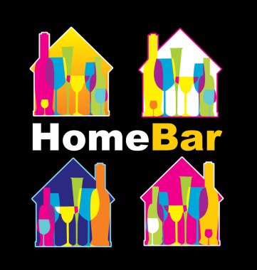 House, şişe, kokteyl, cam silueti ile logo vektör ev Bar. Vektör çizim