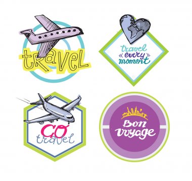 Elle çizilmiş vektör seyahat set. Vektör çizim. Logo koymak seyahat. Seyahat Acentası macera yaratıcı işareti. 