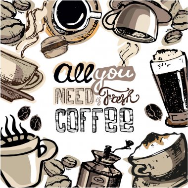 Elle çizilmiş doodle kahve illüstrasyon.