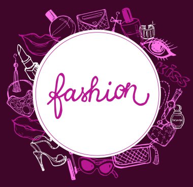 Printbig vektör moda kroki set. Elle çizilmiş grafik dudaklar, parfüm. Glamour moda kroki. Vektör çizim