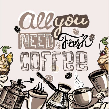 Elle çizilmiş doodle kahve illüstrasyon.