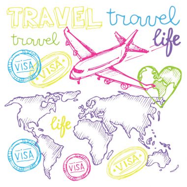 Elle çizilmiş vektör seyahat set. Vektör çizim. Logo koymak seyahat. Seyahat Acentası macera yaratıcı işareti. 