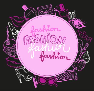 Printbig vektör moda kroki set. Elle çizilmiş grafik dudaklar, parfüm. Glamour moda kroki. Vektör çizim